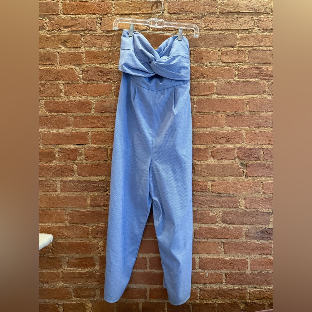 Light Blue Striped Strapless Jumpsuit - Size: S